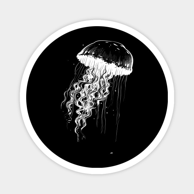 Jellyfish white on black - Jellyfish motif Magnet by Unelmoija